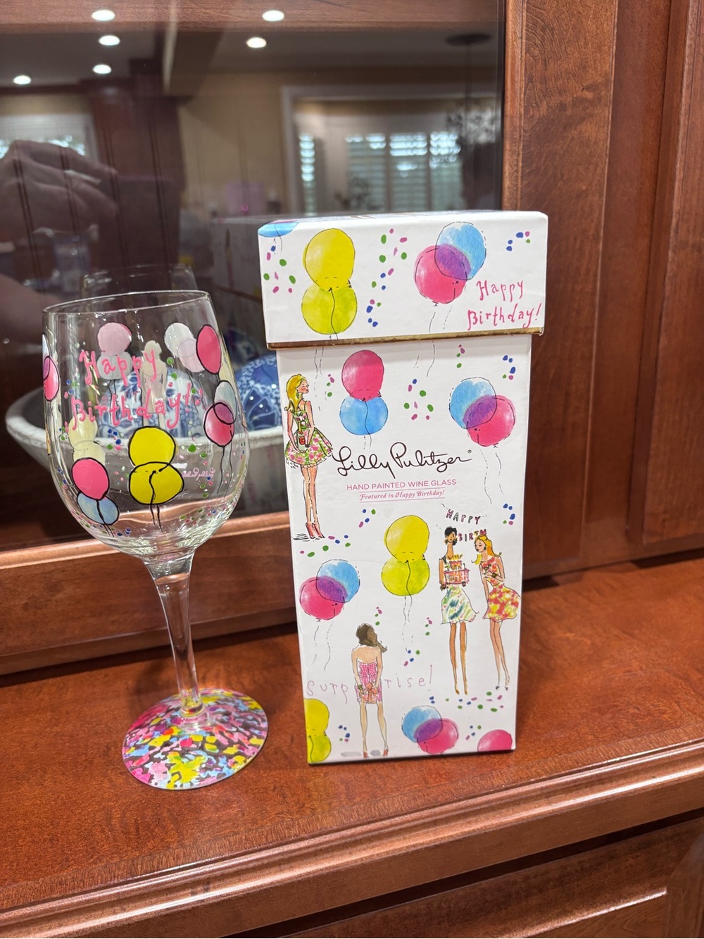 Lilly Pulitzer Pink, Yellow & Blue Hand-Painted Birthday Wine Glass